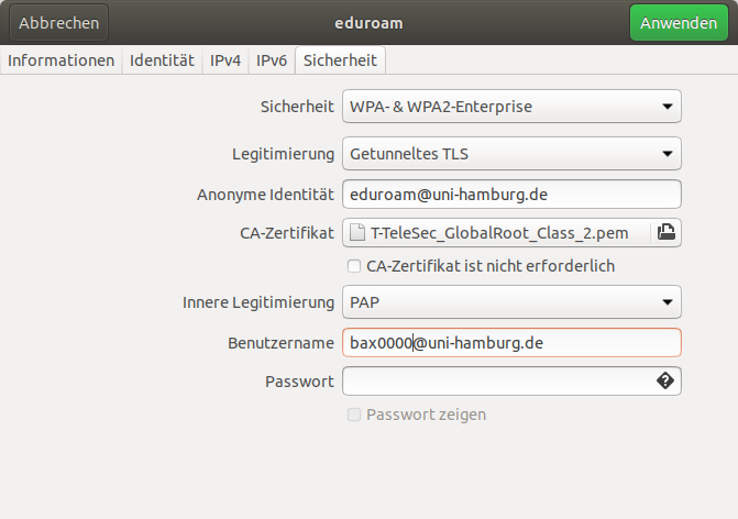 Eduroam-Einstellungen für Ubuntu