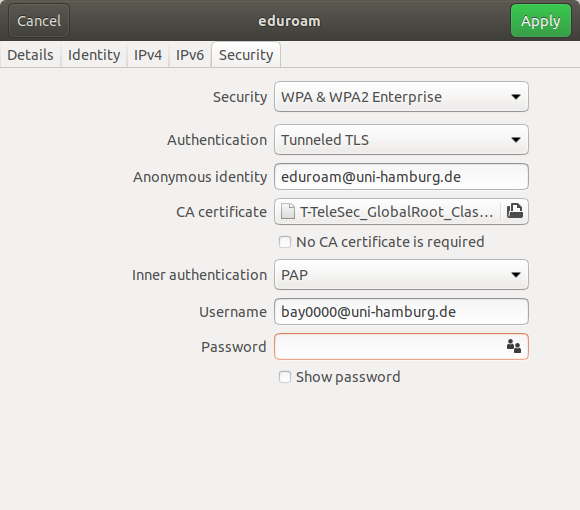 Eduroam Settings for Ubuntu