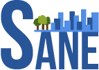 Logo of the SANE project, showing the word SANE with a stylized city above the leters A, N and E.