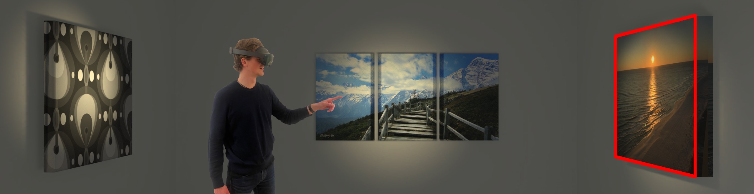 One can see a man wearing a HMD performing deixis in a virtual room. He is pointing at a photo on the wall showing a sunset. The frame of the photo is highlighted red as if it was selected by the man.