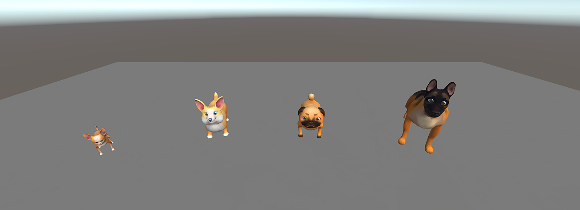 One can see a virtual chihuahua, a corgi, a pug and a German sheperd standing in line.