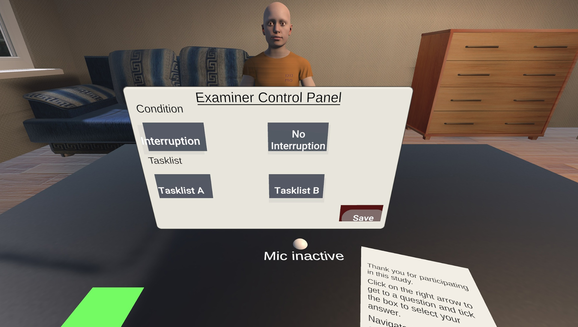 Screenshot from the application showing the scene and the control panel used for the study