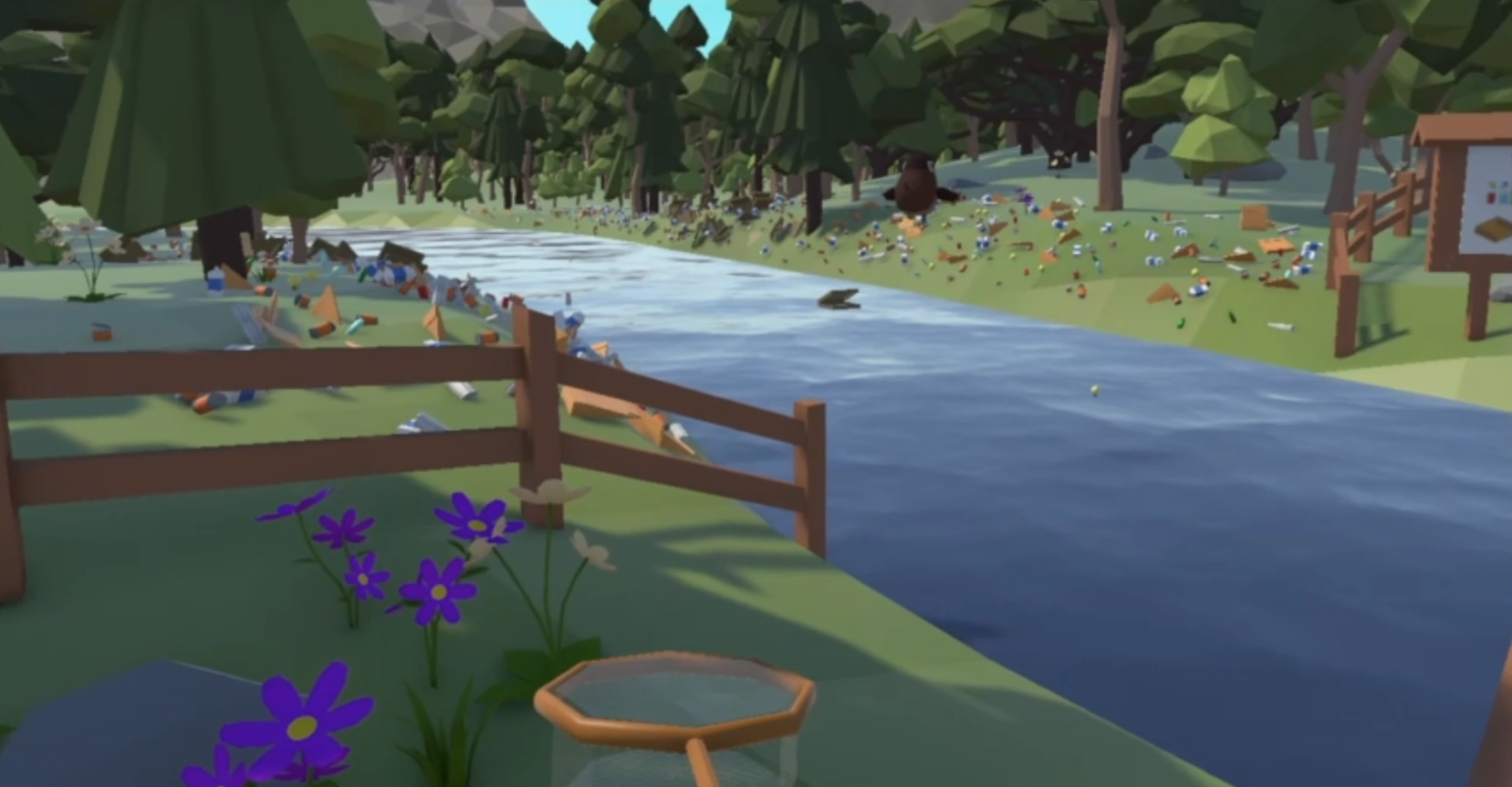 Ein Bild des Flussuffers und des Flusses, welche stark durch Müll verschmutzt sind. Zu sehen sind zum Beispiel Pizzakarton, Dosen und Glasflaschen