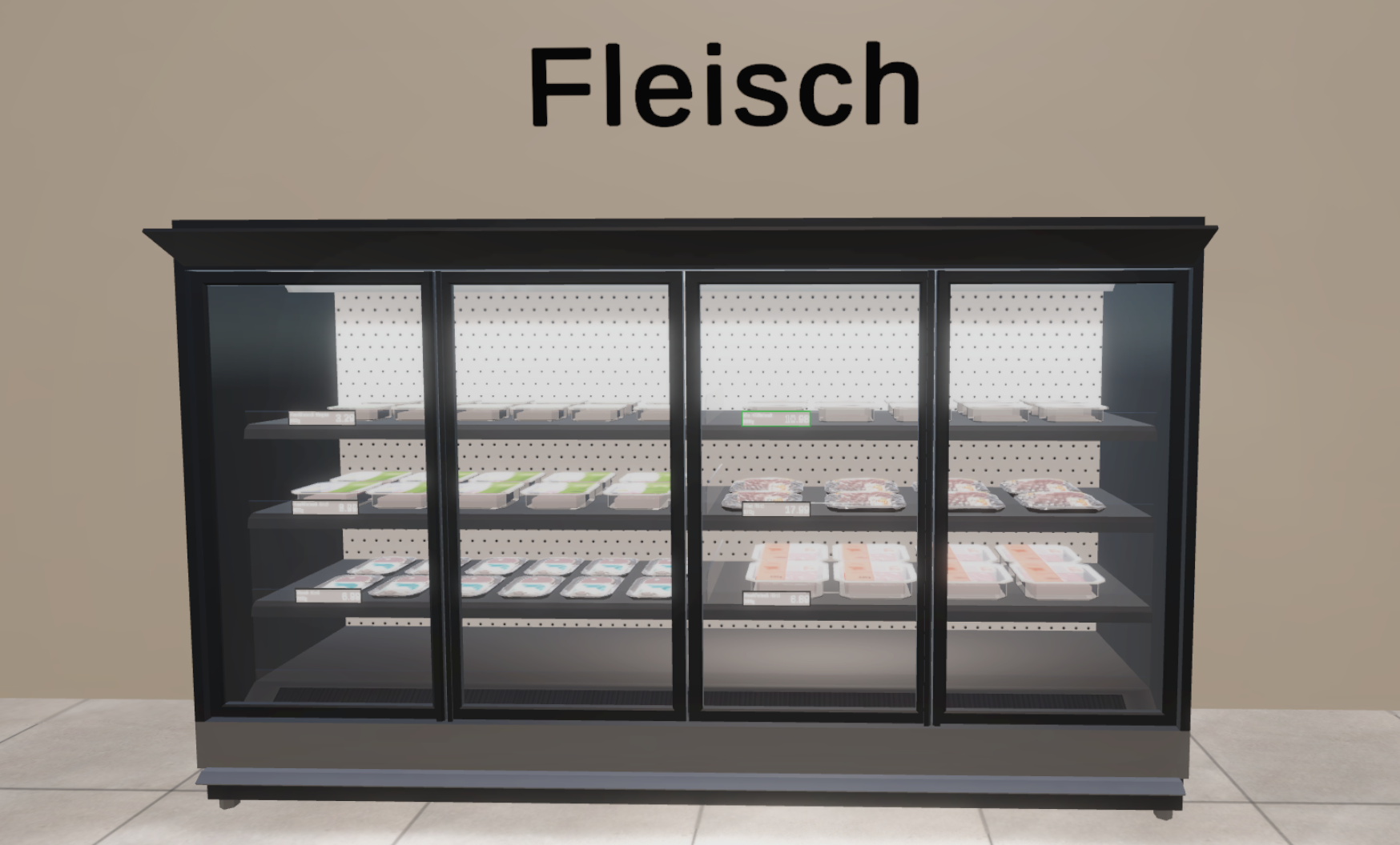 Überblick vom Kühlregal mit verschiedenen Fleischprodukten und einem Sojaprodukt. 