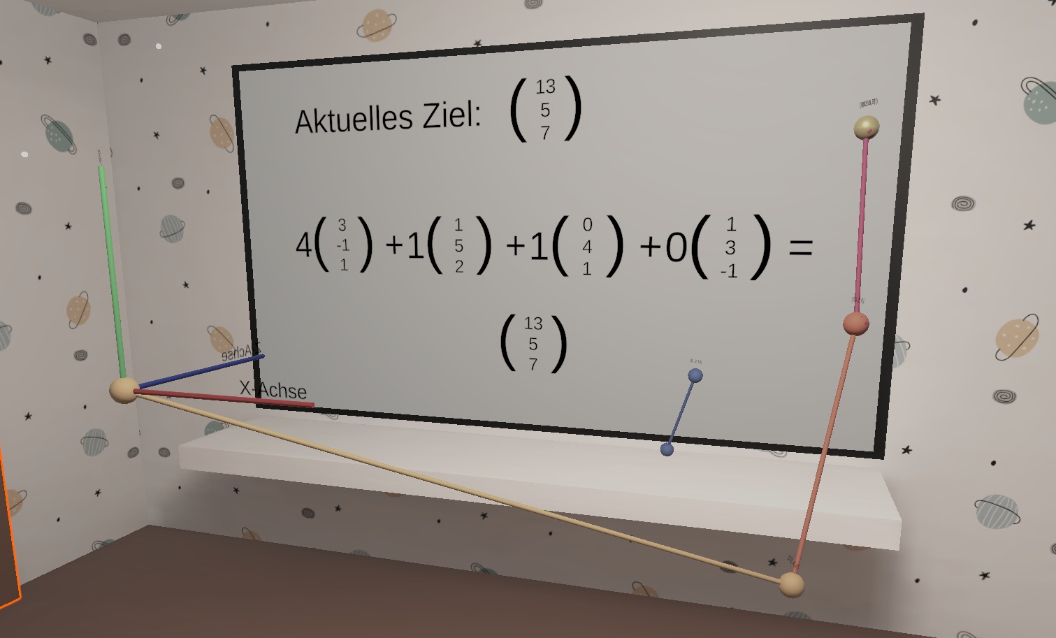 Koordinatensystem mit gelöster Aufgabe und Tafel im Hintergrund: Drei verschiedenfarbige Vektoren bilden einen Pfad vom Ursprung des Koordinatensystems zum Ziel. Dahinter ist die gelöste Rechenaufgabe auf der Tafel zu sehen.